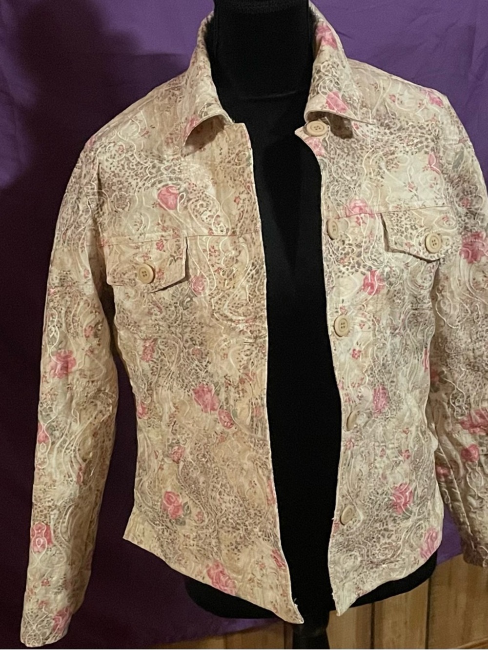 Vintage Women's Cream Floral Jean Jacket with Pink Rose Details